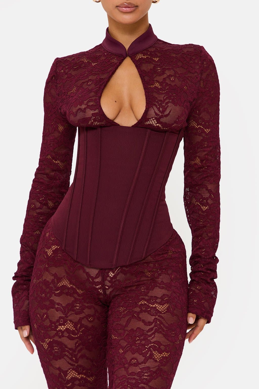 Jagger Long Sleeve Lace Capri Jumpsuit High Neck Keyhole Corset Back