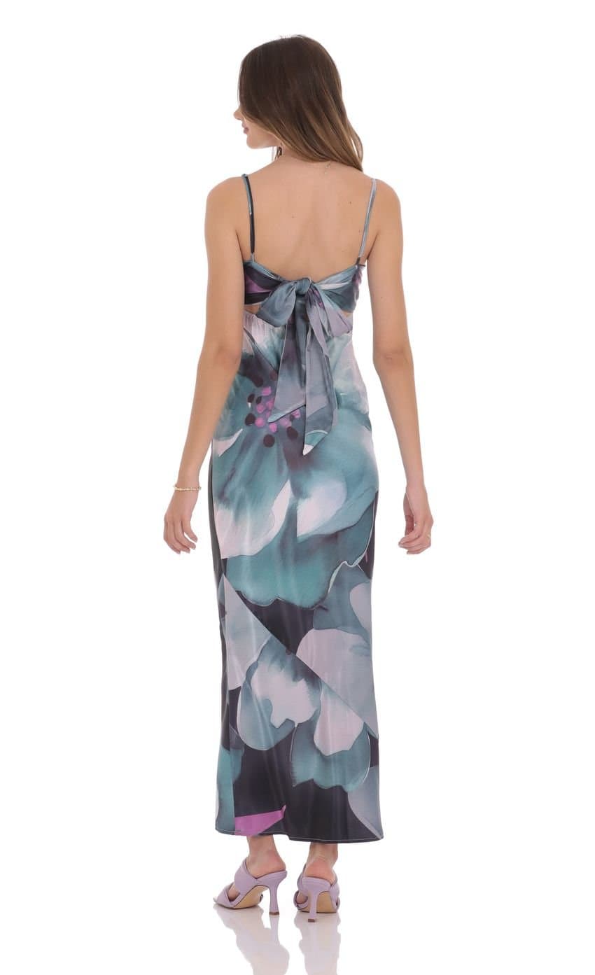 Floral Back Tie Maxi Dress in Dark Teal