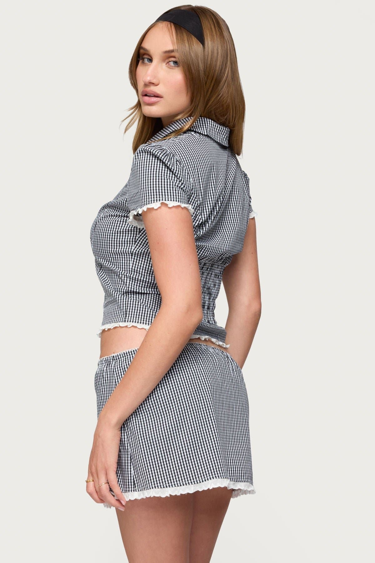 Paige Gingham Tailored Button Up Shirt - Cotton Polyester Spandex