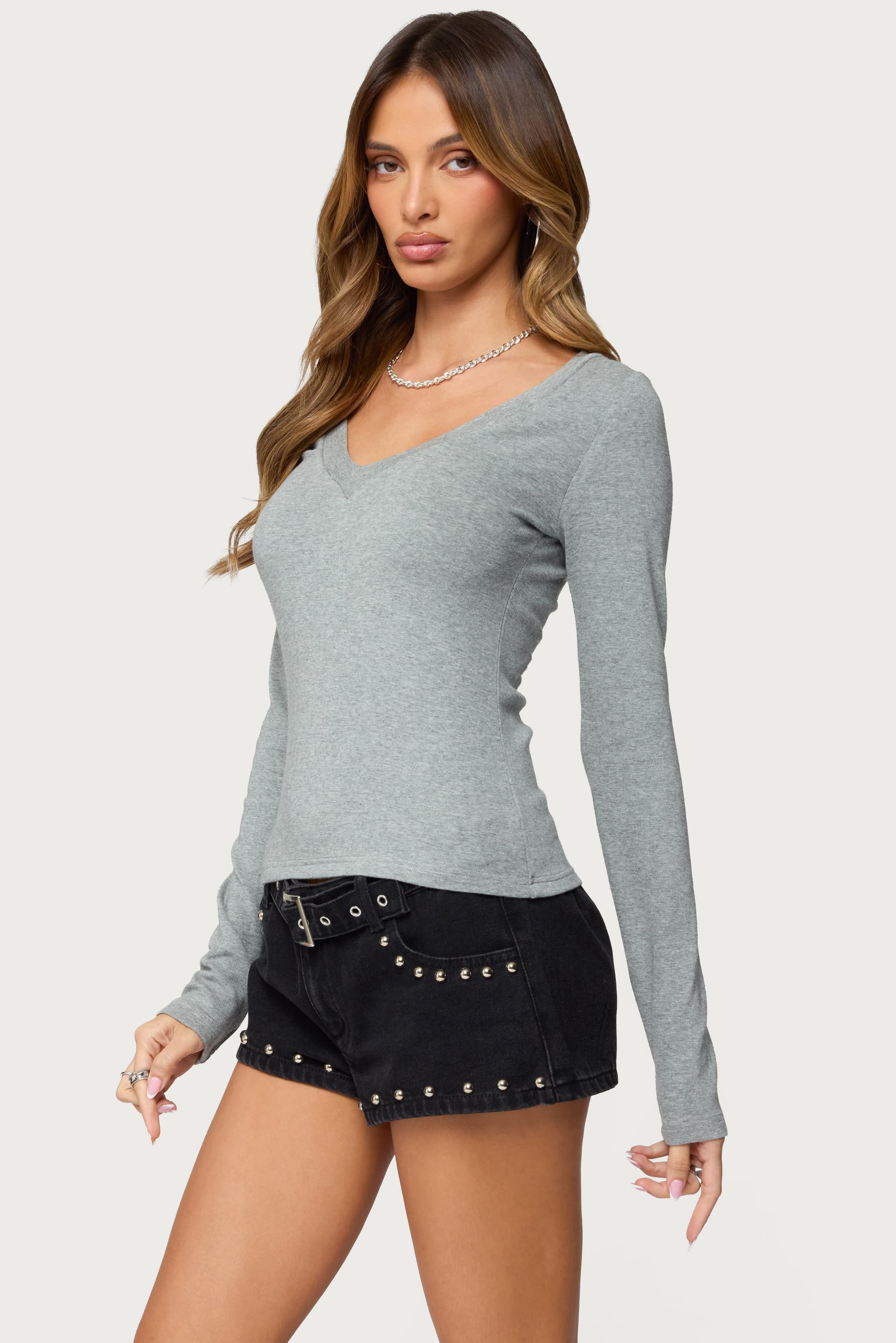 Larna V-Neck Long Sleeve Ribbed T-Shirt - Rayon Cotton Acrylic Spandex Blend