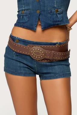 Studded Faux Leather Western Belt, Gold Tone Metal, 44.5 Inch Length