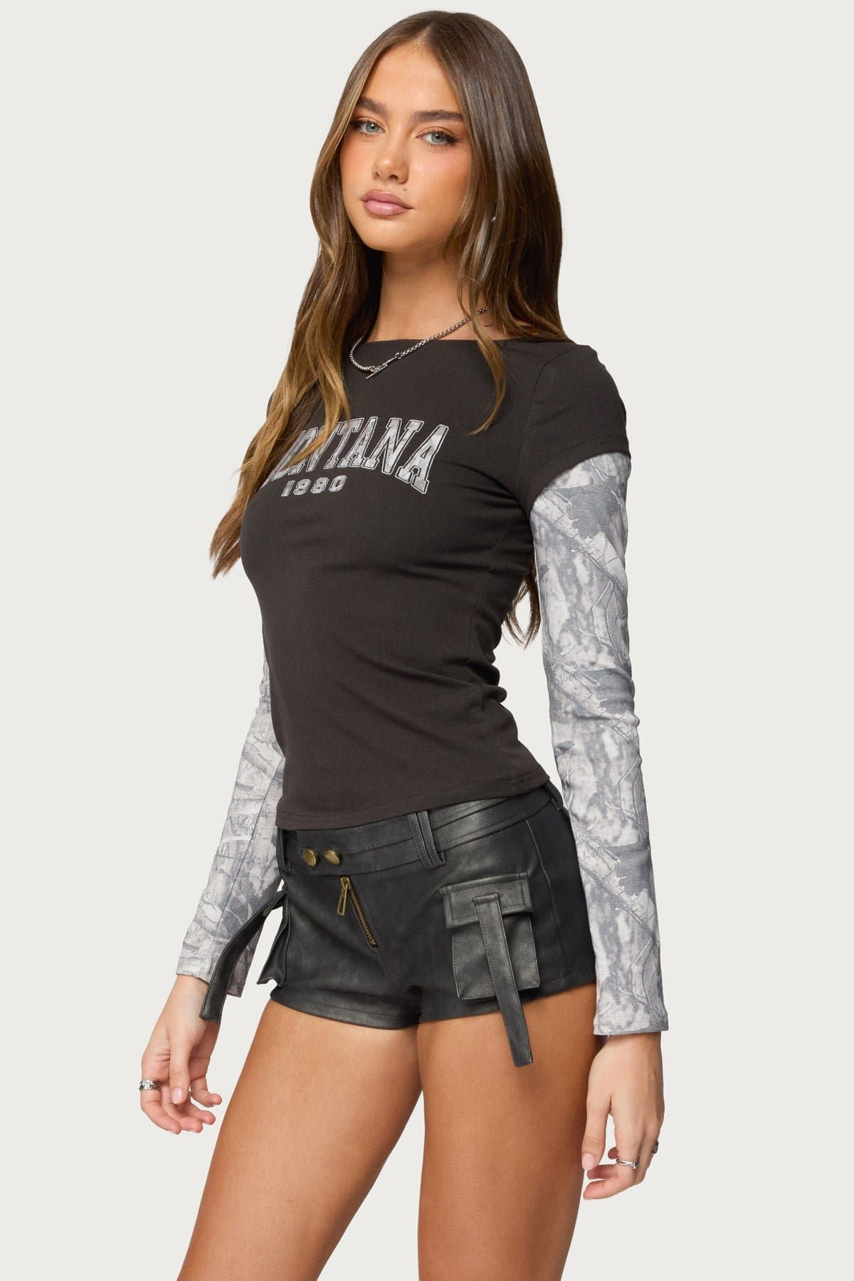 Layered Camo Long Sleeve T-Shirt with Montana 1880 Graphic Boat Neck Cotton Blend