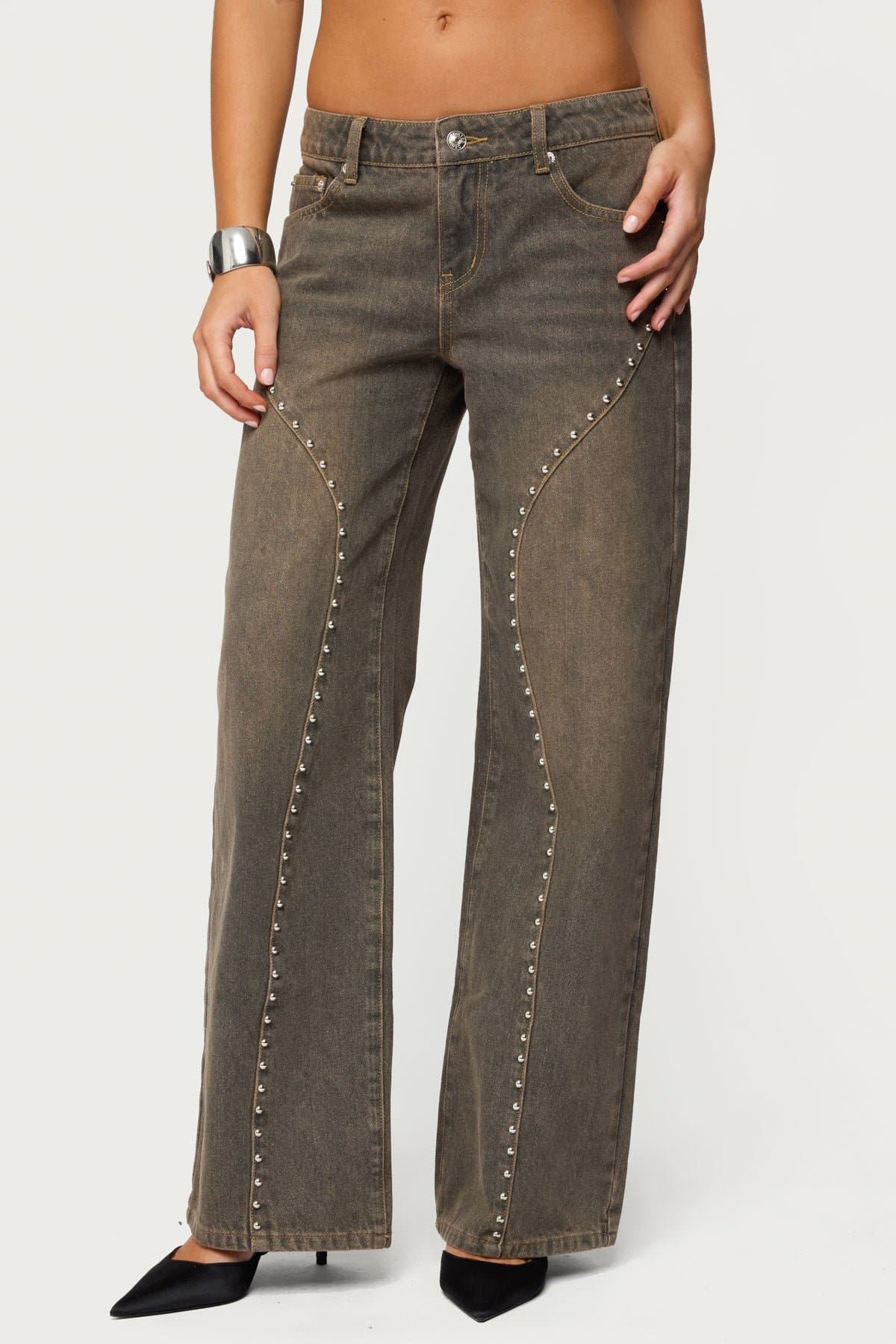 Charliza Stud Low Rise Baggy Jeans - Rigid 100% Cotton Denim