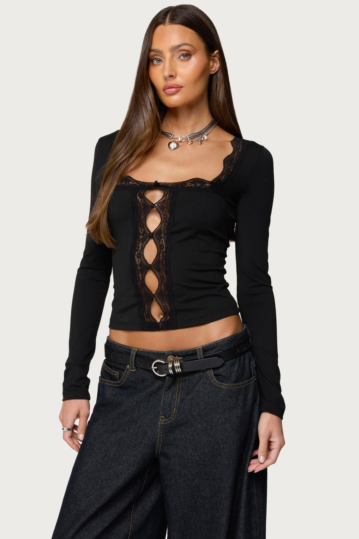 Zeya Lacey Keyhole Top - Long Sleeve Square Neck Lace Trim Polyester Spandex