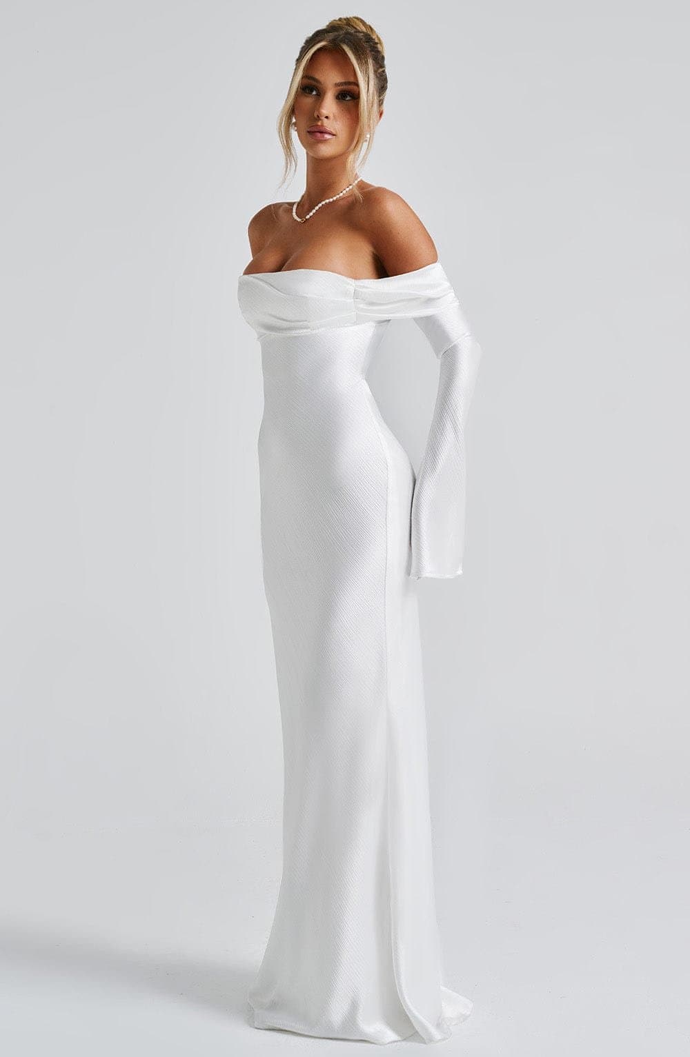 Selene Maxi Dress in Ivory - Textured Satin Bardot Neckline Long Sleeve