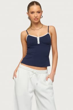Olezka Contrast Lacey Tank Top with Adjustable Straps, Henley Button Design, Cotton Spandex