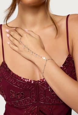 Dangling Rhinestone Handchain in Silver Tone Metal - 6.6 Inch Length