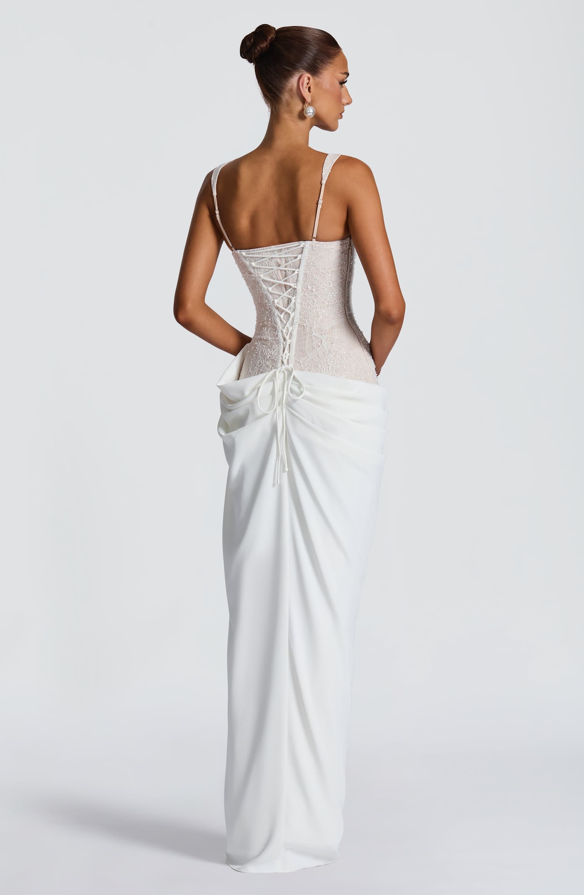 Seren Maxi Dress in Ivory - Lace Bodice with Beading, Sequins, Draped Skirt