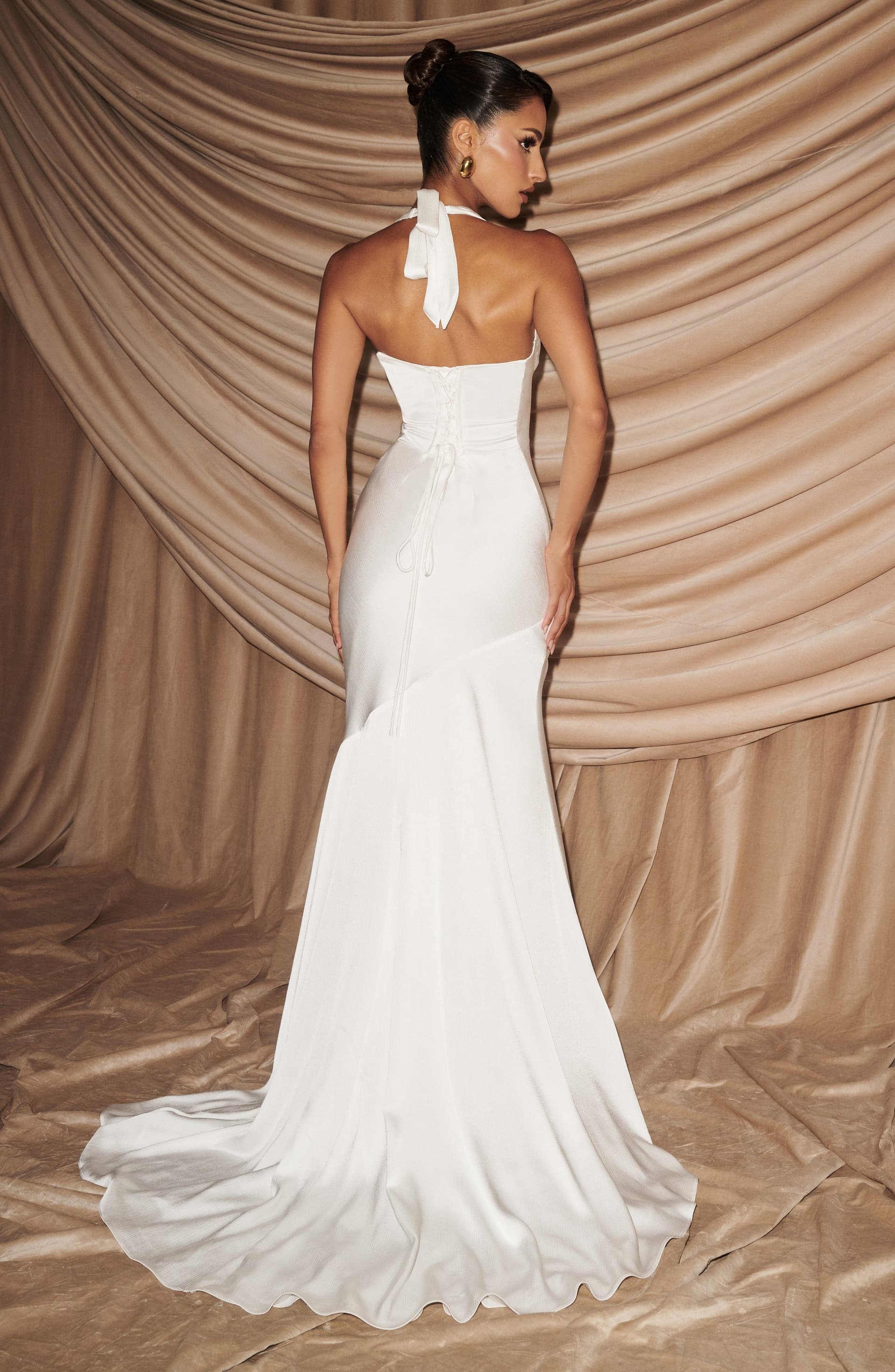 Kirsten Ivory Textured Satin Gown with Plunge Neckline and Train