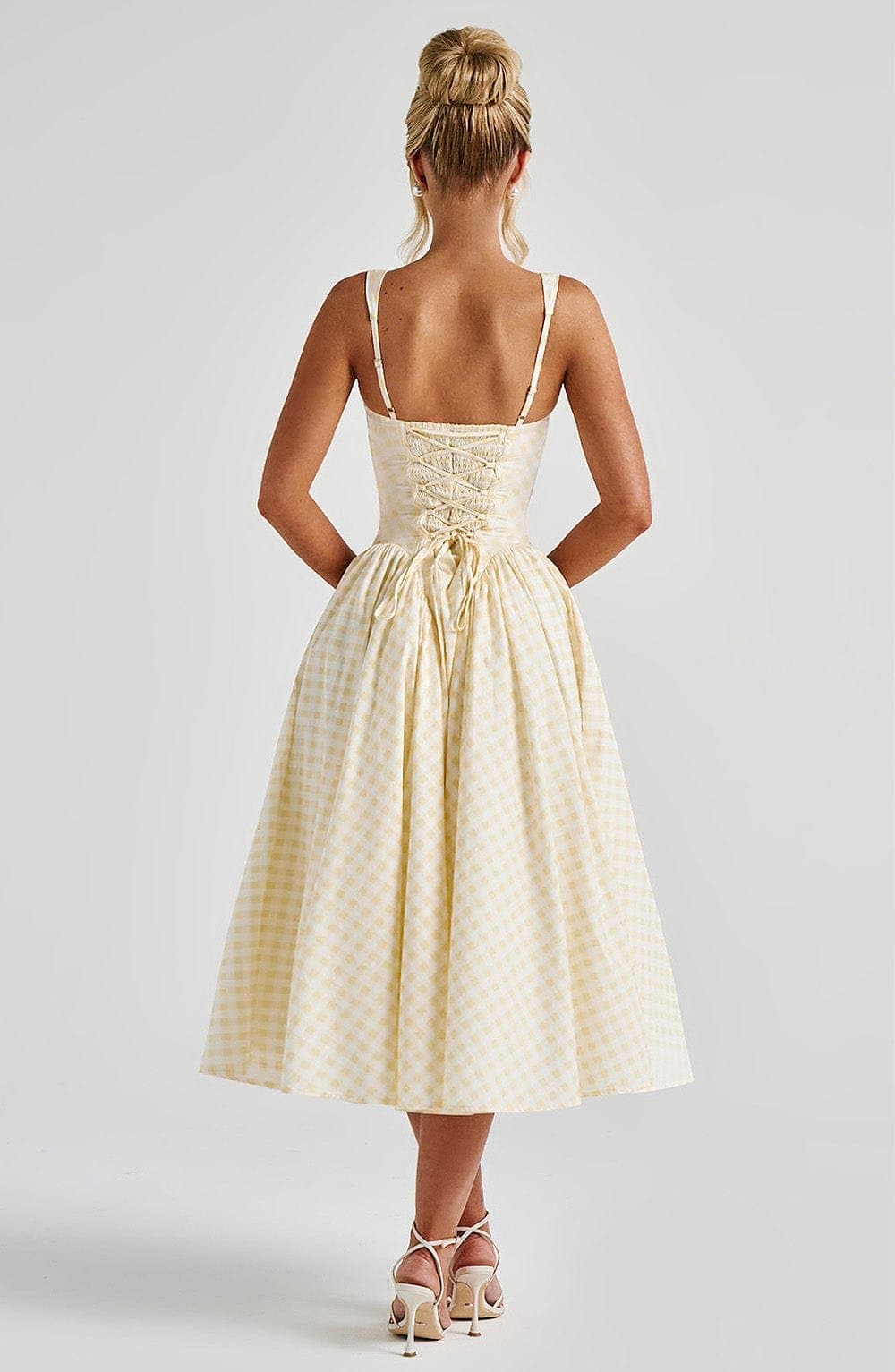Sherrie Midi Dress in Lemon Gingham Print - Cotton Nylon Elastane Voile