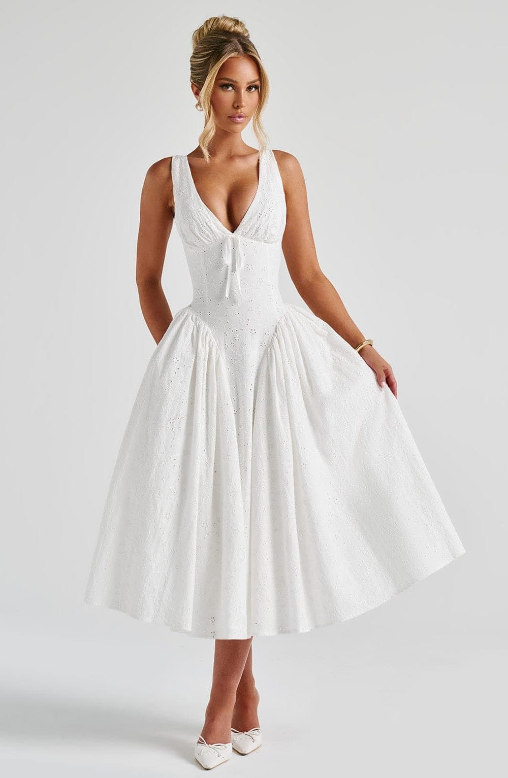 Monroe Midi Dress in Ivory with Broderie Anglaise, Plunge Neckline, Lace-Up Back