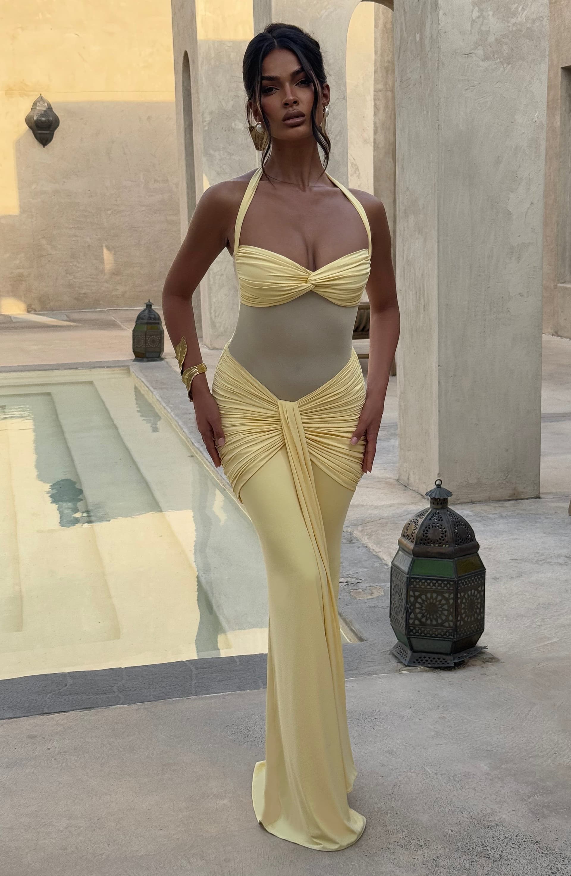 Vixen Lemon Maxi Dress - Stretch Jersey Mesh Sweetheart Halter Neckline