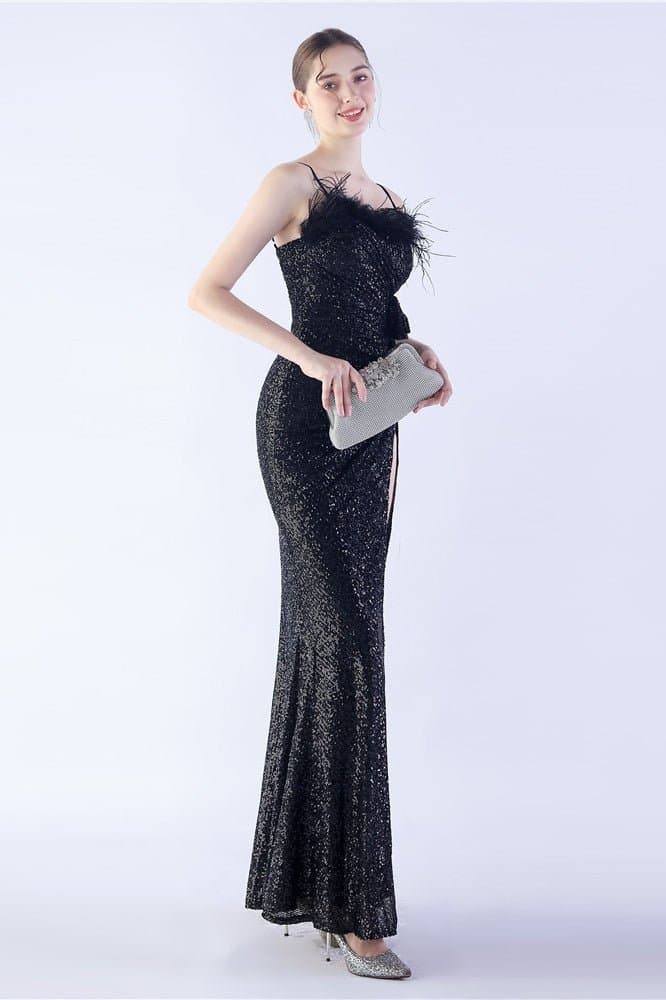 Ostrich Feather Embellished V-Neck Sleeveless Maxi Dress