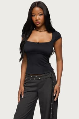 Laiah Square Neck Top with Center Bow and Underbust Stitching Nylon Spandex