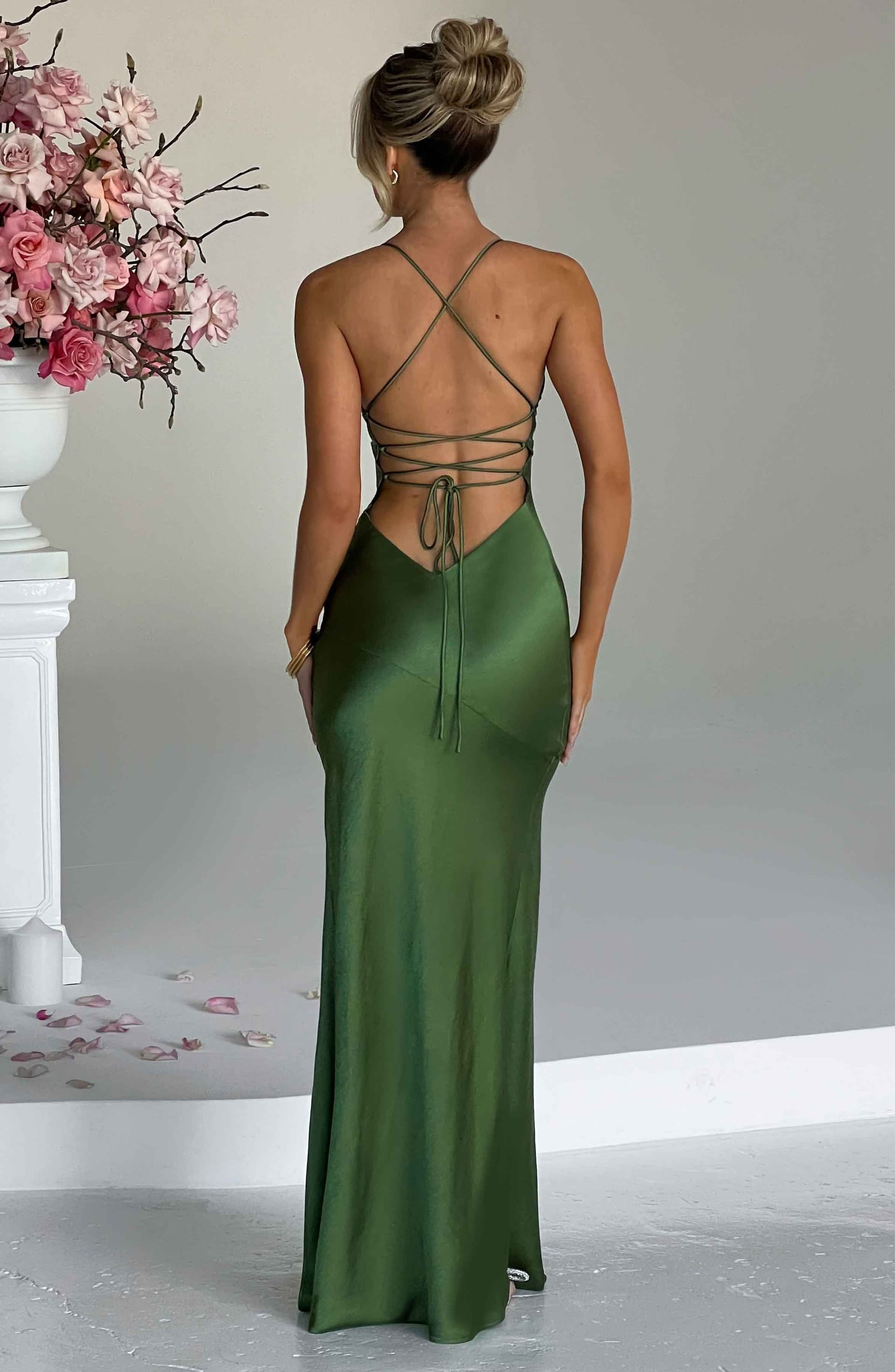 Isobel Maxi Dress - Emerald Satin Bias Cut Plunge Neck Thigh Split