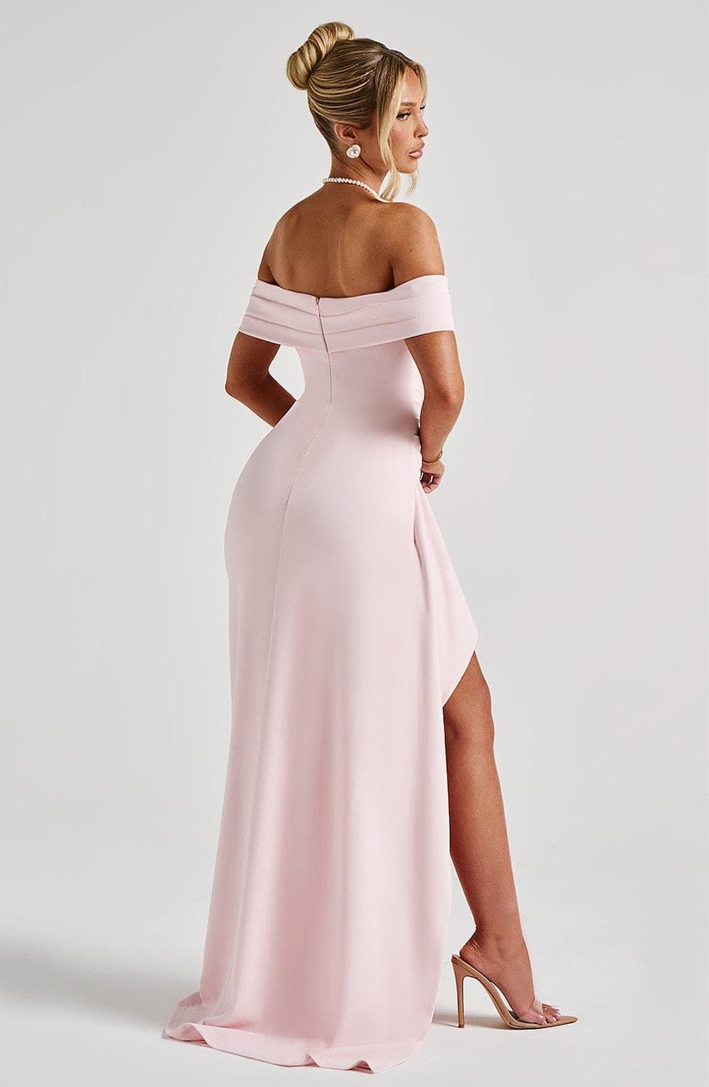 Joyce Maxi Dress Blush Pink Stretch Crepe Pleated Bardot Neckline Thigh Split