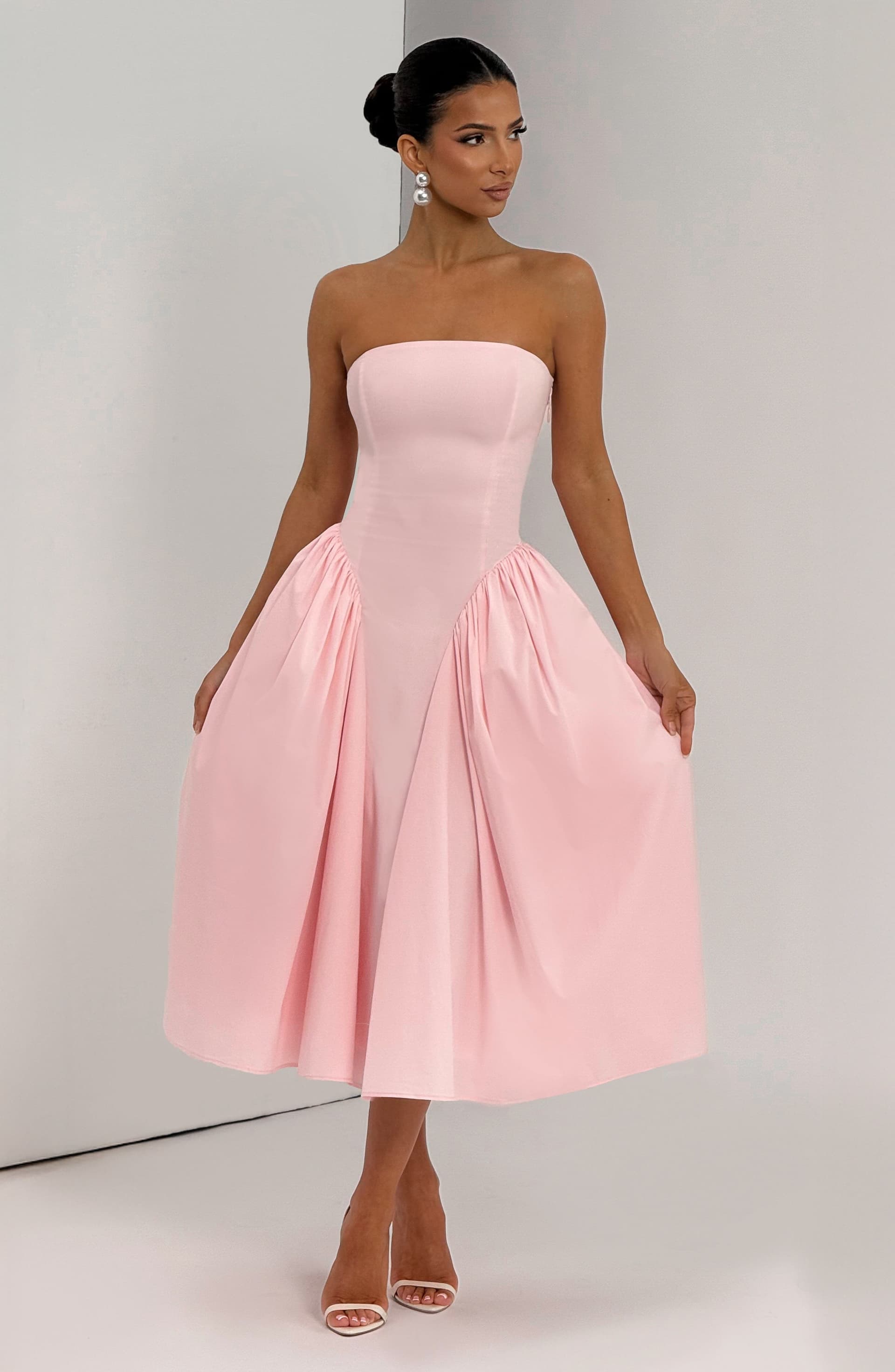 Darla Midi Dress - Blush Strapless Cotton Nylon Elastane Poplin