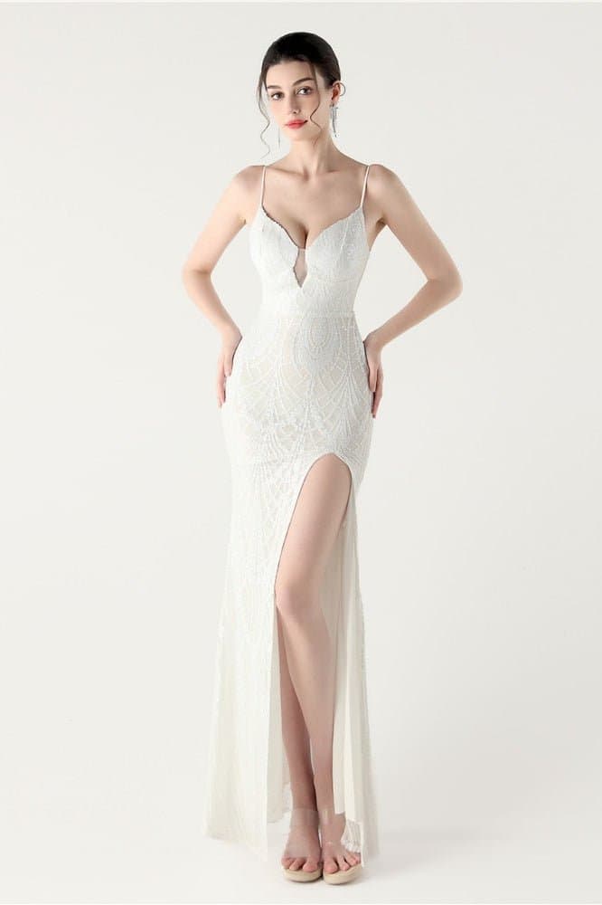 Sequin V-Neck Cross Strap Mermaid Maxi Evening Dress