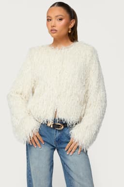 Aleandra Fringed Faux Feather Jacket - Polyester with Metallic Detailing