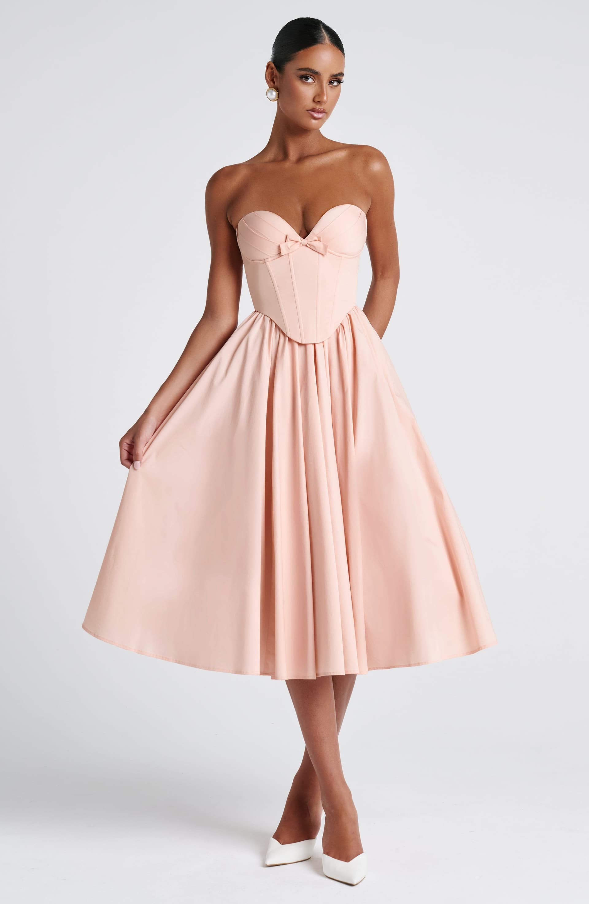 Prim Midi Dress Soft Peach Strapless Sweetheart Lace-Up Back