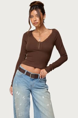 Shanah Lacey Henley Top - Long Sleeve Button Detail Lace Trim Rayon Cotton Blend