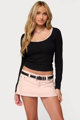 Contrast Lacey Long Sleeve Top - Cotton Rayon Spandex Scoop Neck