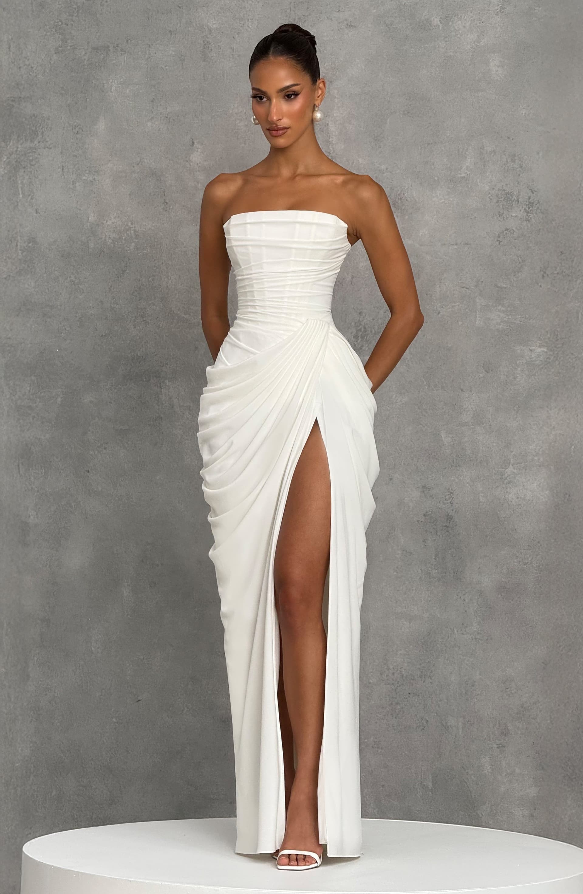 Cyra Maxi Dress in Ivory Chiffon with Strapless Neckline and Thigh-High Split