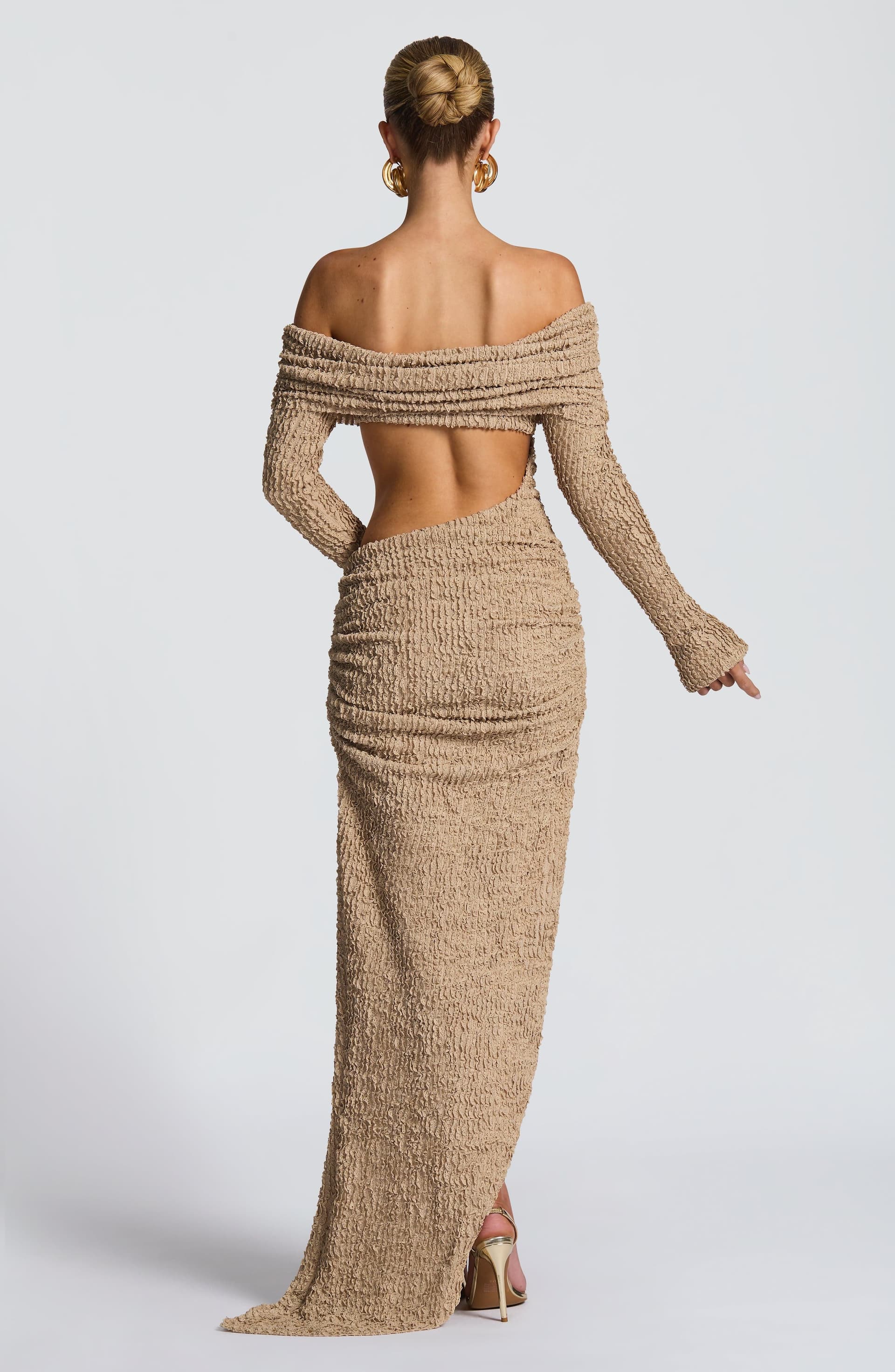 Adelphia Beige Textured Fabric Midi Dress Bardot Neckline Long Sleeve