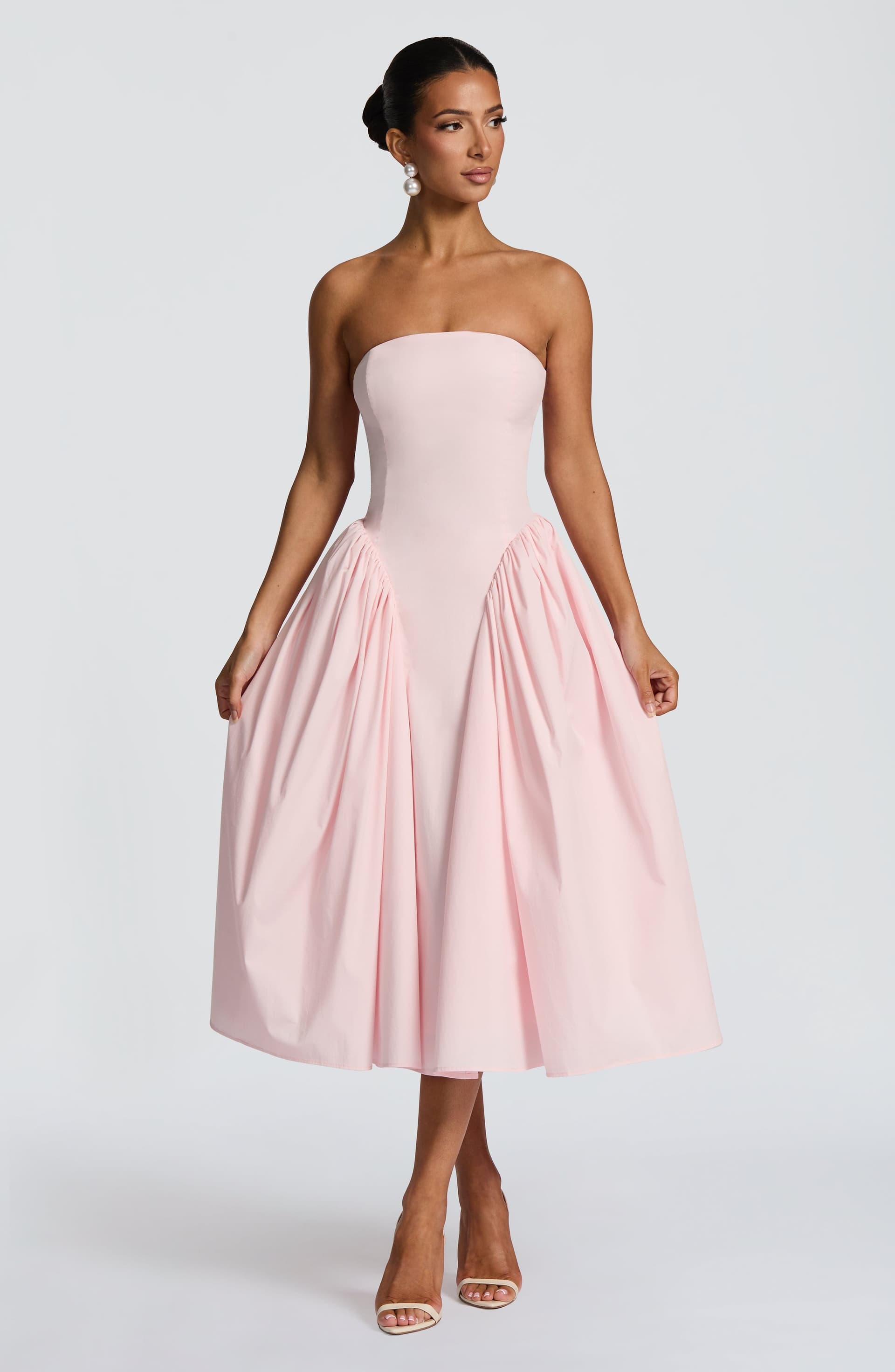 Darla Midi Dress - Blush Strapless Cotton Nylon Elastane Poplin