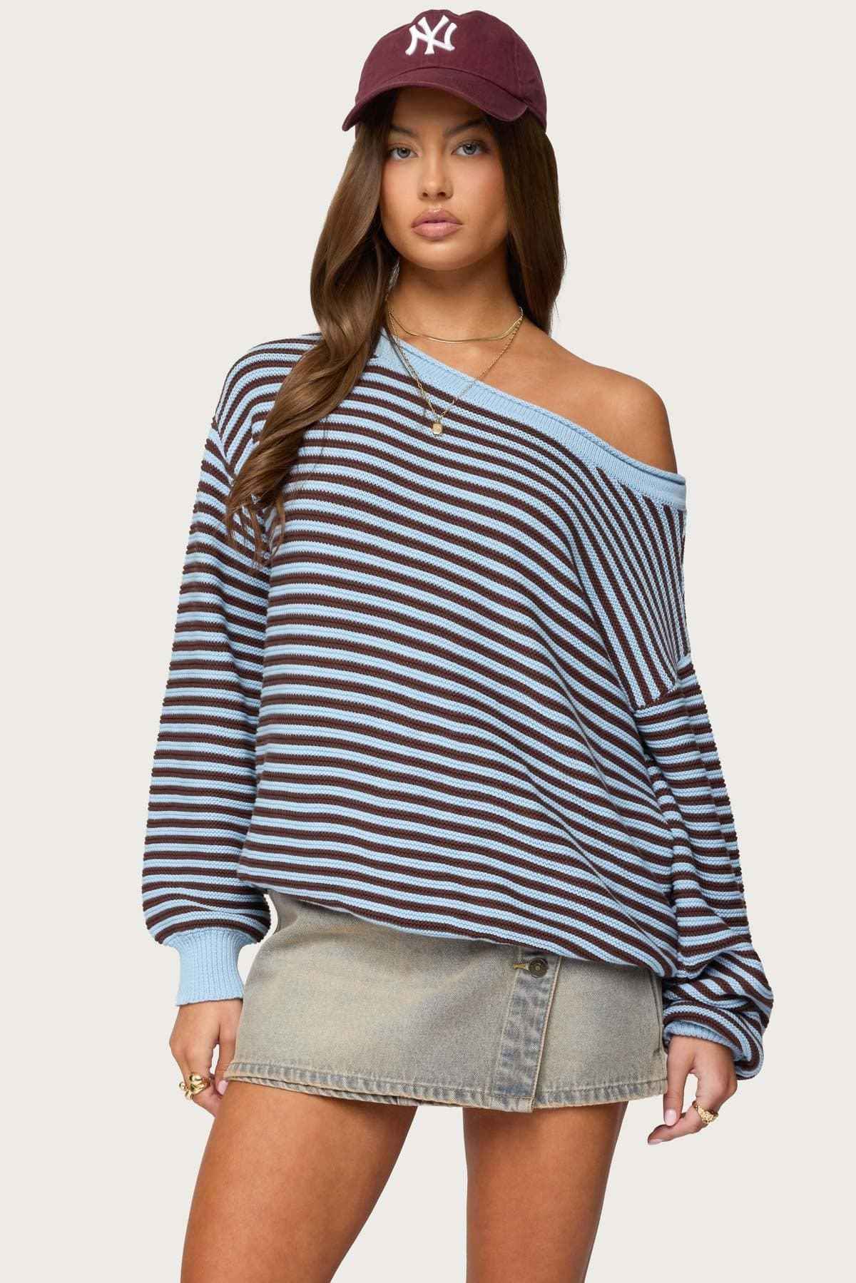 Averi Striped Oversized Off Shoulder Sweater - 100% Cotton Knit