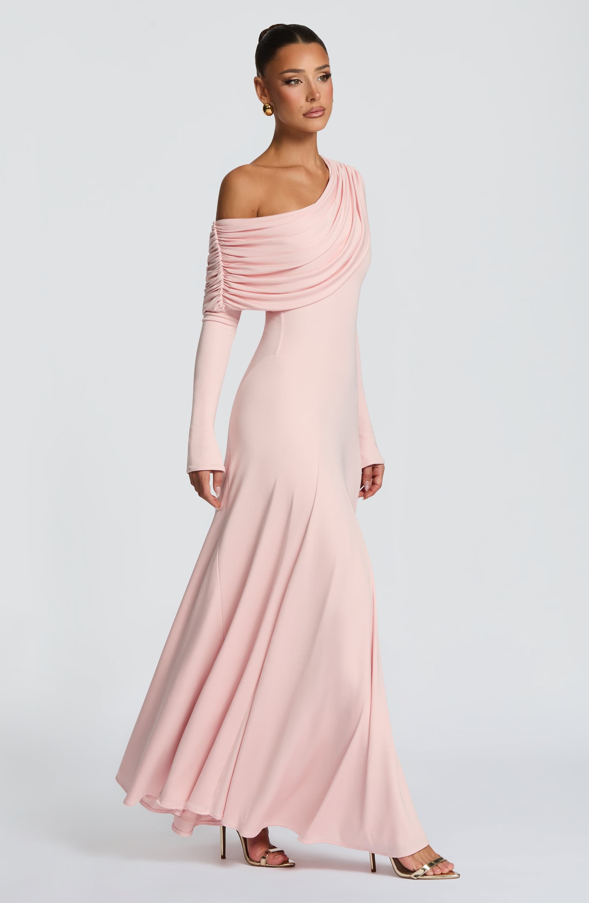 Rafaela Maxi Dress in Soft Blush - Stretch Modal Jersey Asymmetric Long Sleeve