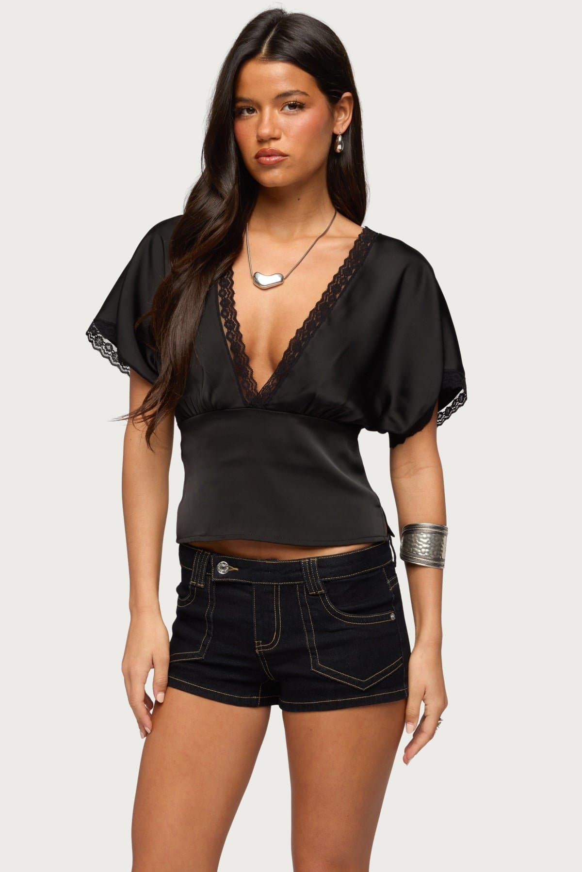 Ihara Lacey Cinched Waist Top - Deep V Neckline Lace Trim Polyester