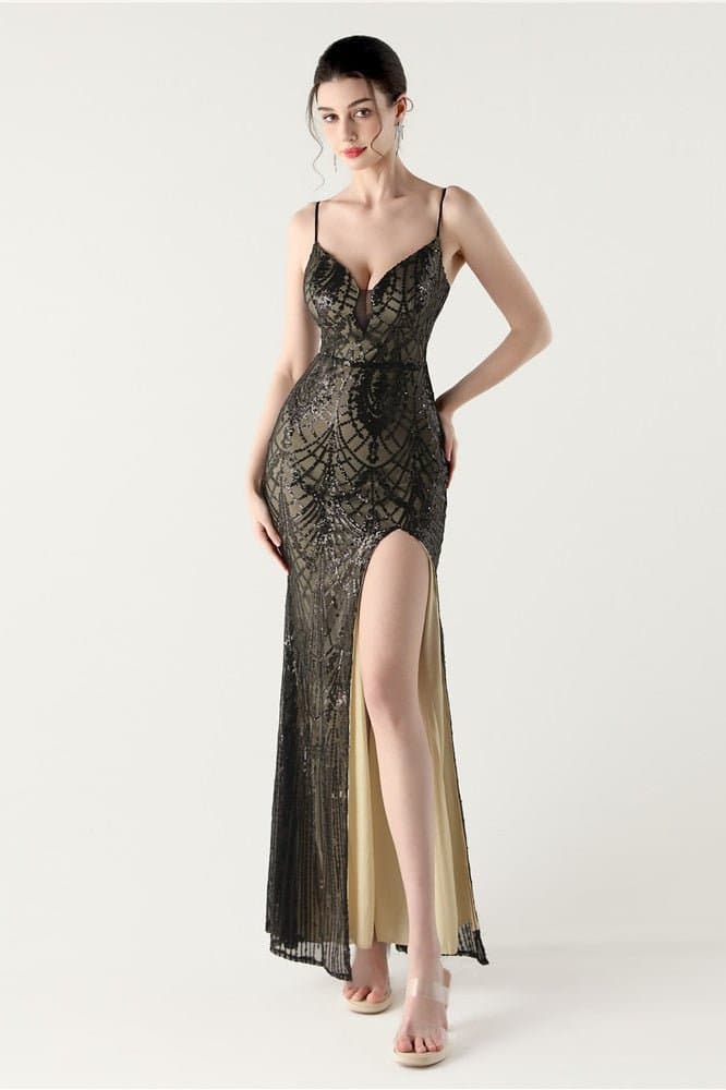 Sequin V-Neck Cross Strap Mermaid Maxi Evening Dress