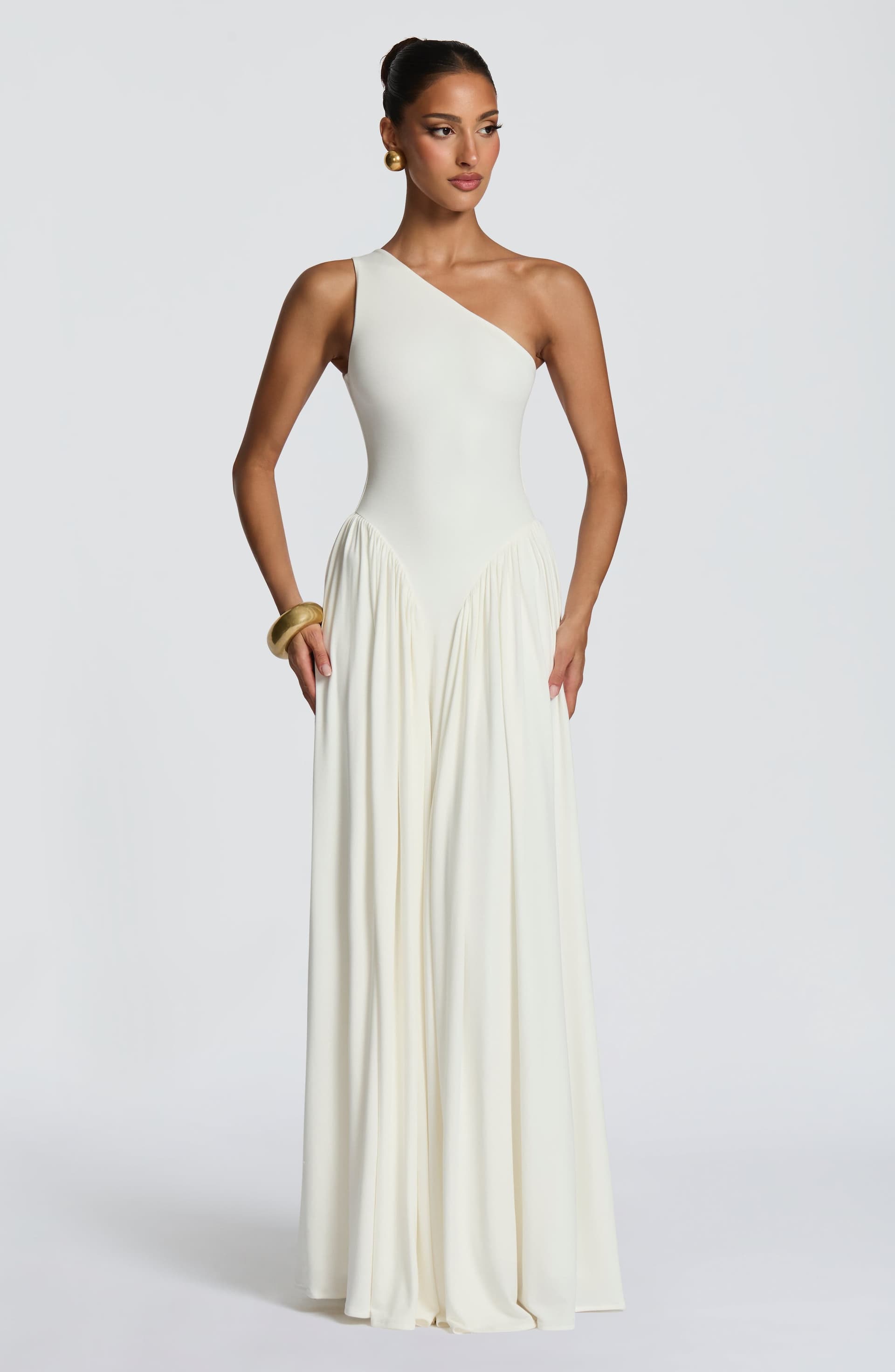 Vespera Maxi Dress in Ivory - One Shoulder Modal Jersey with Godet Panels