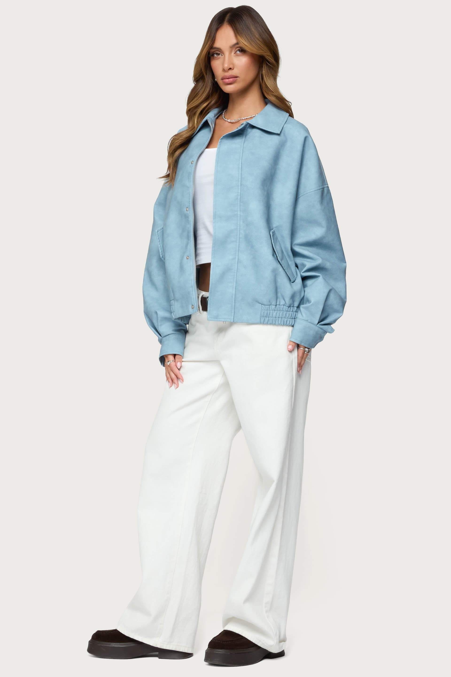 Oversized Washed Faux Leather Jacket - Polyurethane Polyester Classic Collar Flap Pockets