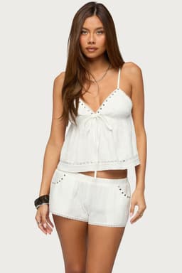 Kaydee Studded Textured Woven Babydoll Top with Adjustable Straps, Front Tie, Lace Trim, 100% Cotton