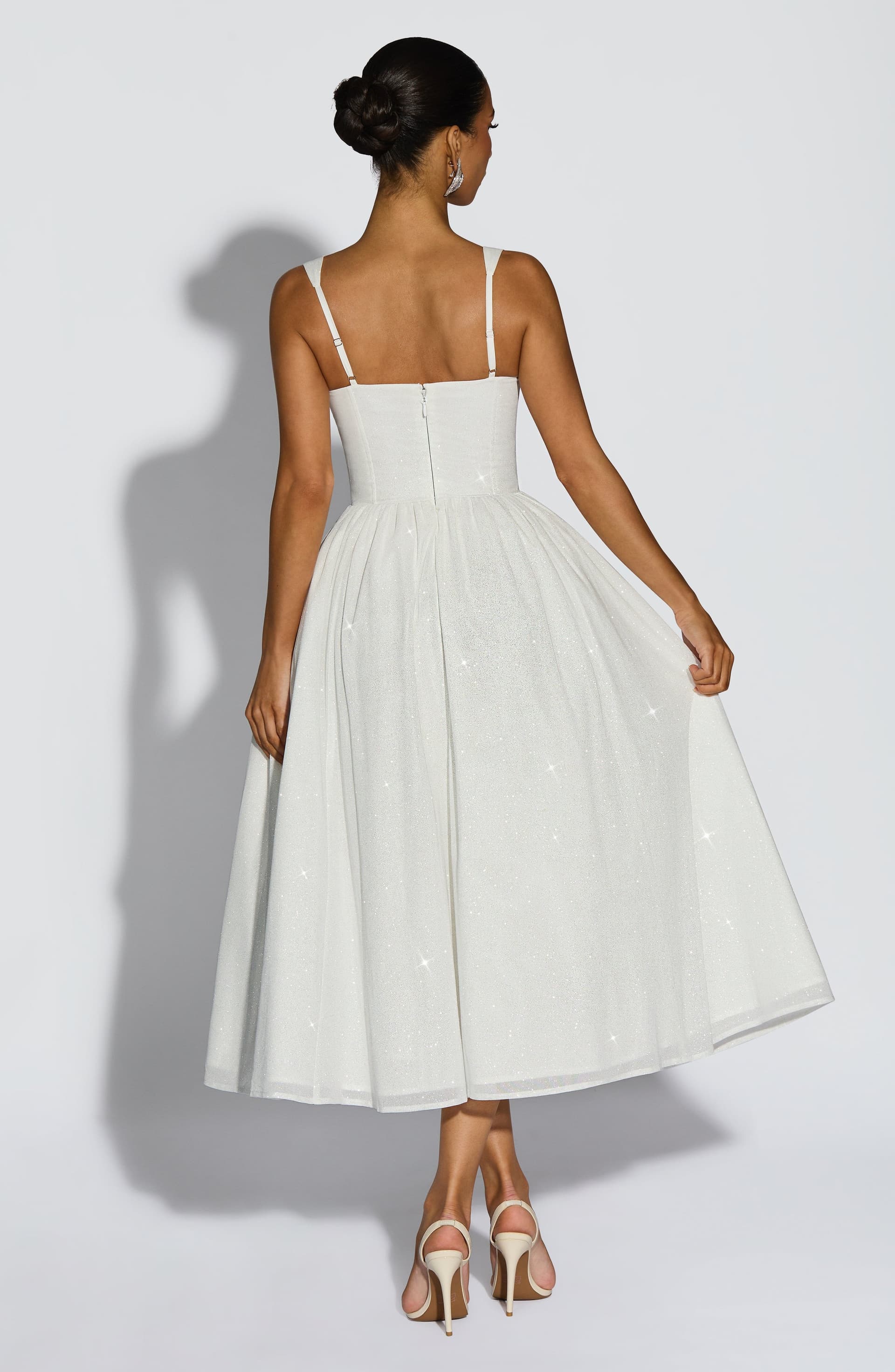 Vivienne Midi Dress Ivory Sparkle Boned Bodice Corset Waist Gathered Skirt