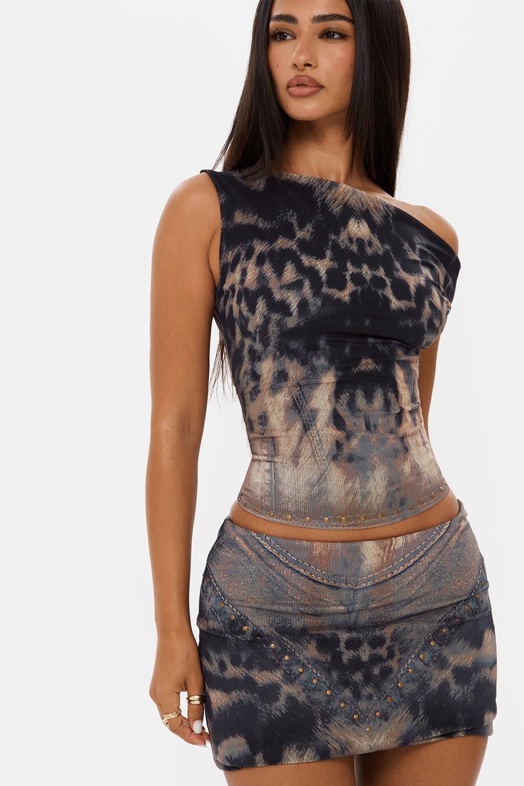 ROAR Asymmetric Off-Shoulder Printed Stretch Mesh Co-Ord Set with Long Crop Top and Micro Mini Skirt