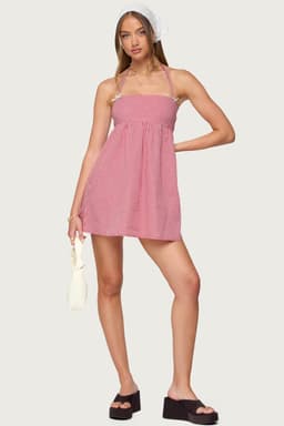 Rina Gingham Halter Mini Dress - 100% Cotton with Neck Tie Bow Detailing