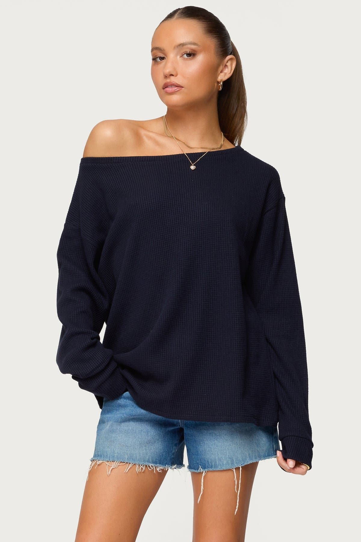 Damari Off Shoulder Oversized Waffle Top - Long Sleeve Rayon Polyester Nylon