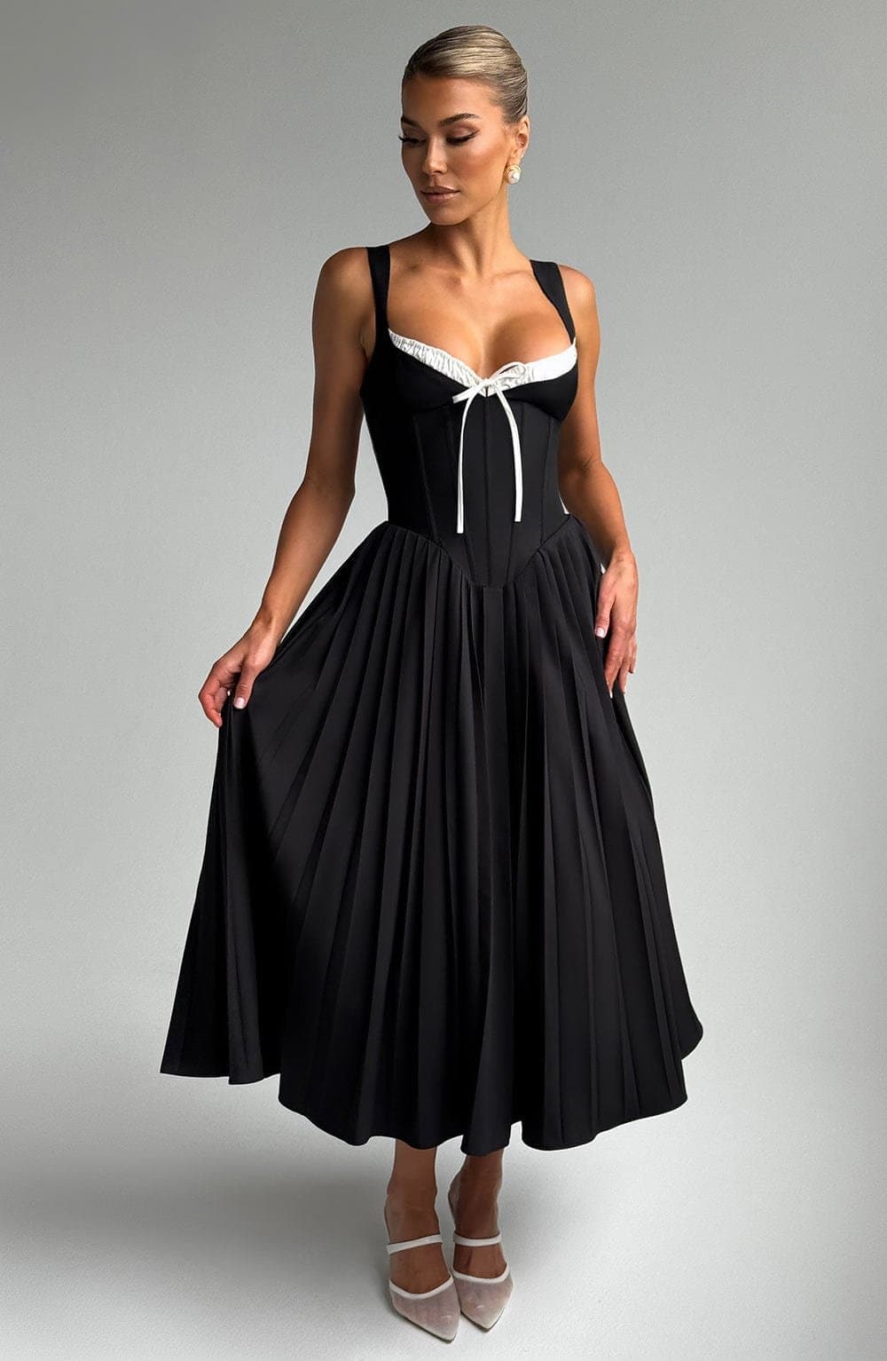 Natassia Midi Dress - Black White Fan Straps Sweetheart Neckline Lace-Up Back