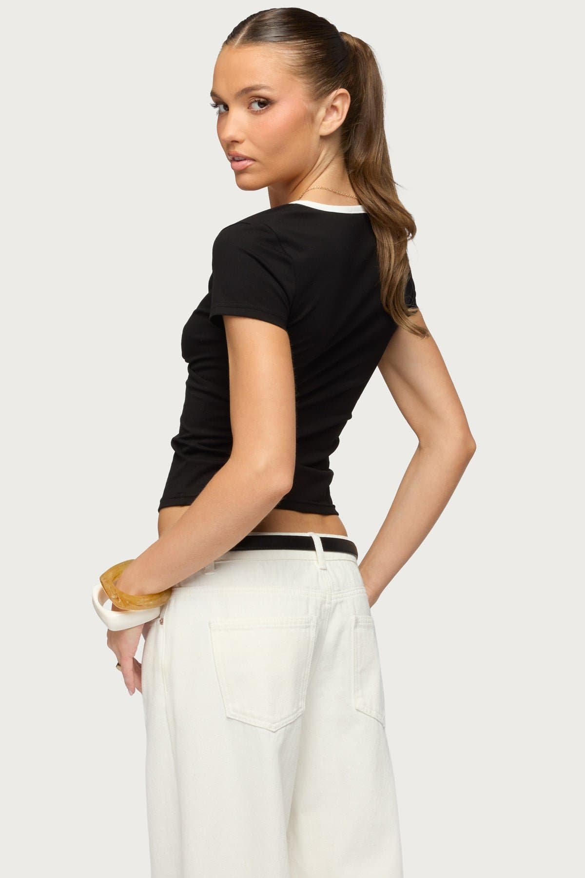 Yulenna Contrast V Neck Top with Wrap Detail - Cotton Spandex