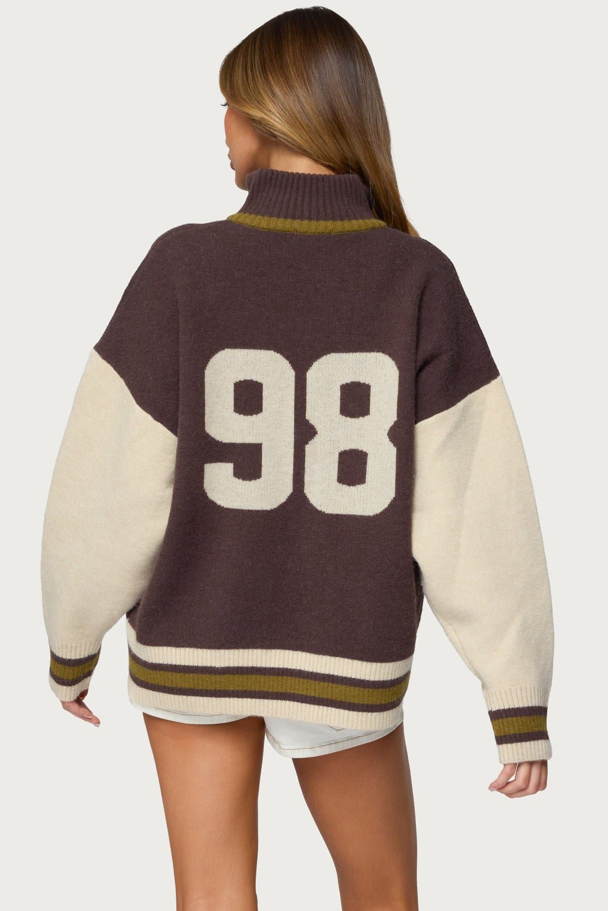 98 Varsity Zip Up Sweater - High Neck Knit Acrylic Polyester Nylon