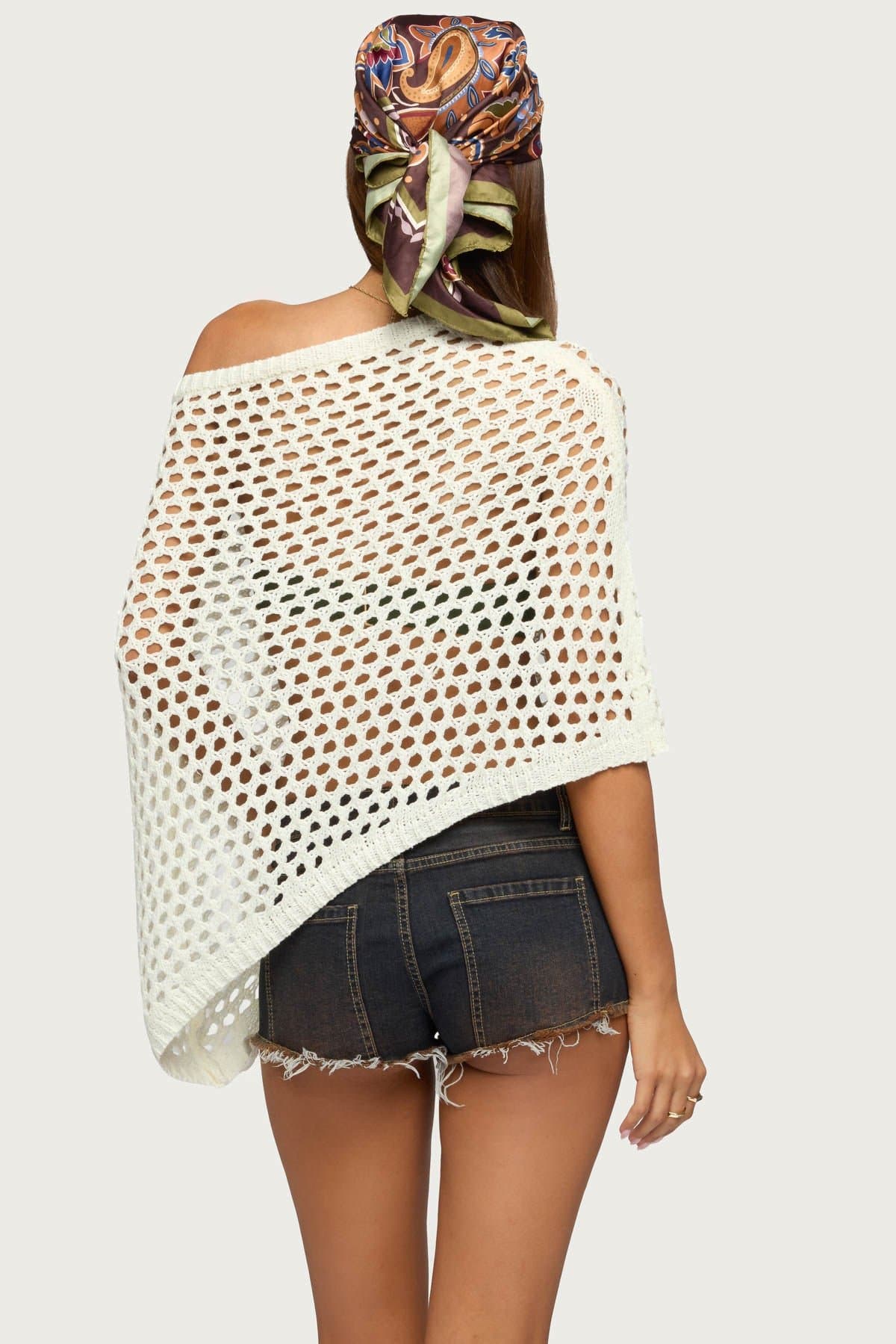 Cloe Off Shoulder Crochet Poncho - Acrylic Asymmetric Hem Size S