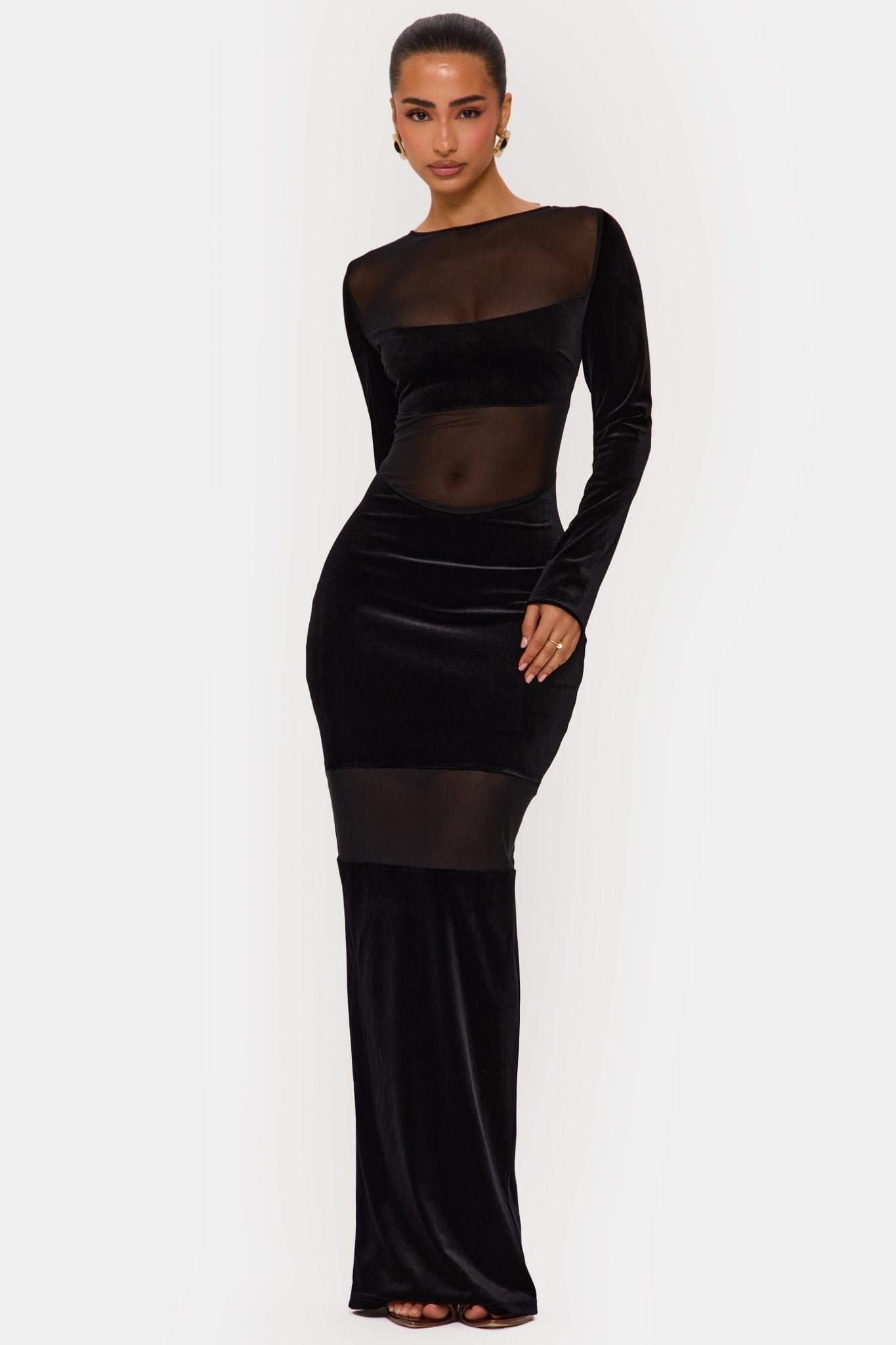 Noir Maxi Long Sleeve Black Dress with Mesh and Velvet Panels
