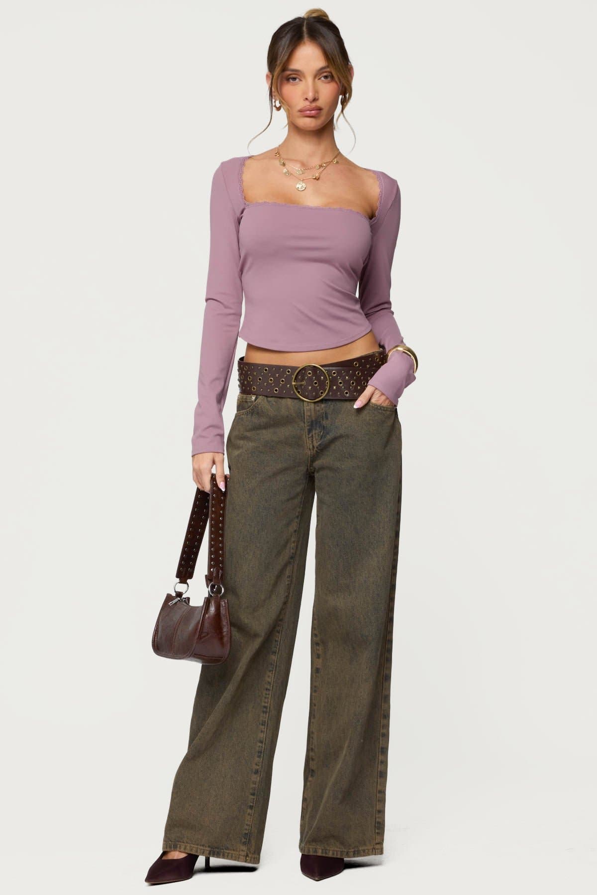 Polly Lacey Tie Back Top - Long Sleeve Square Neck Polyester Spandex