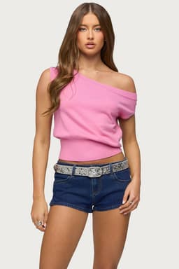 Michaela Off Shoulder Knit Top - Ribbed Polyester Rayon Fitted Hem