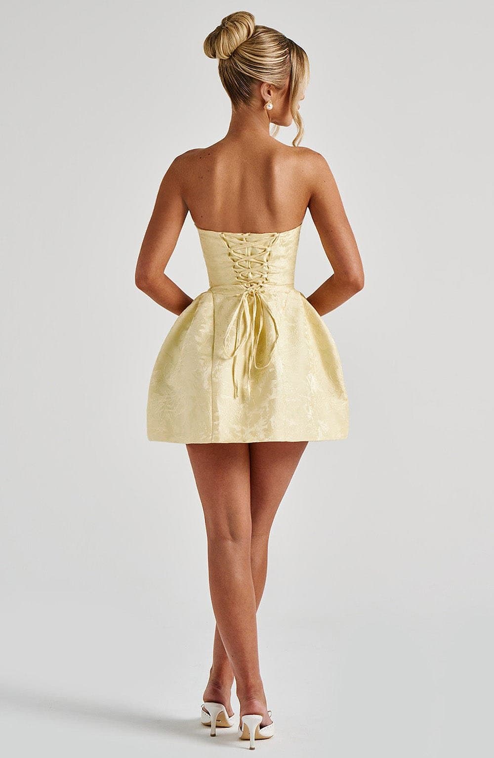 Elenora Mini Dress in Lemon - Strapless Floral Jacquard with Lace-Up Back