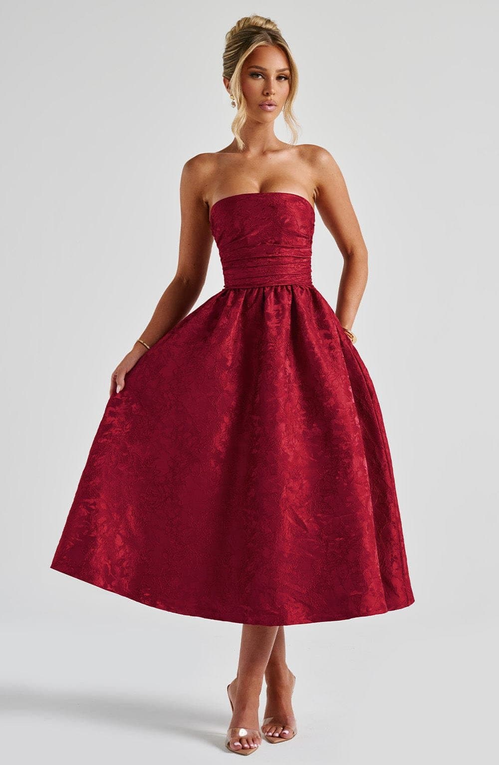 Saoirse Midi Dress in Red - Strapless Floral Jacquard Pleated Bodice