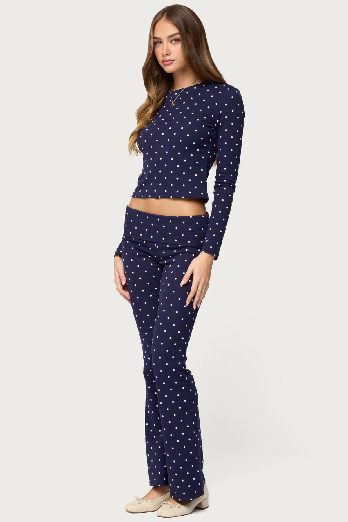 Daliya Polka Dot Fold Over Flared Loungewear Pants - Cotton Spandex